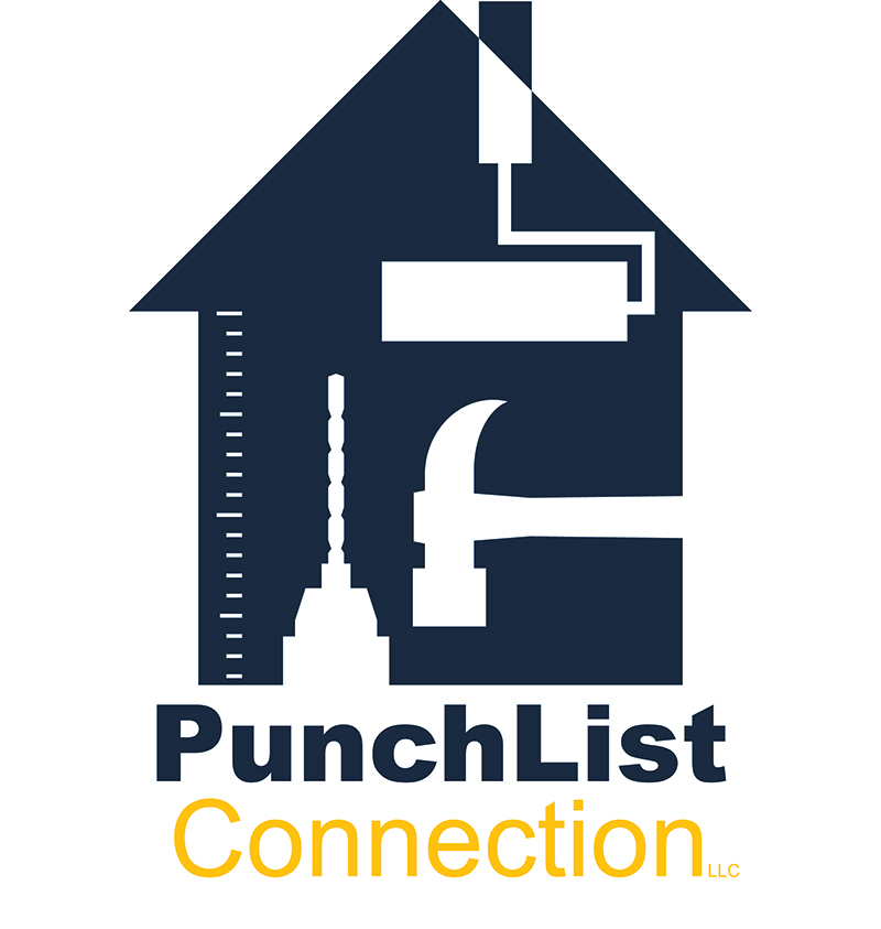 A blue house with tools in knock out white, lettering underneath reads PunchList Connection.